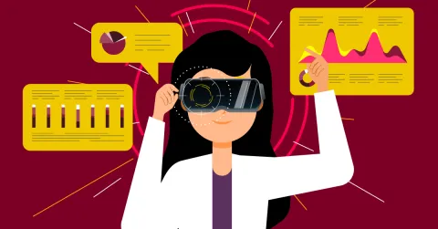  A nurse using technology surrounded by patient data. 